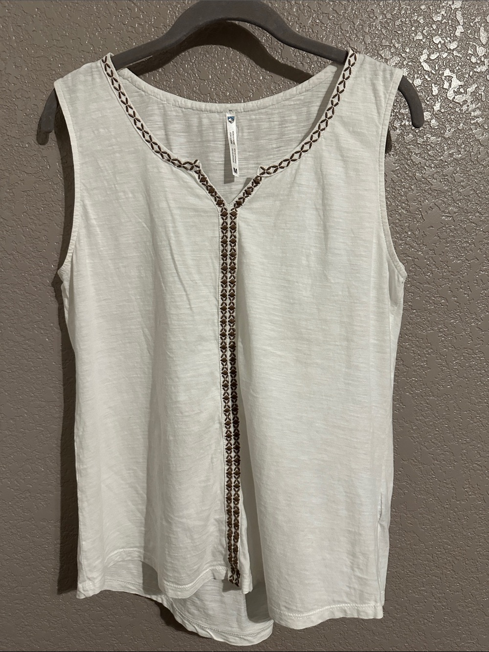 Kuhl Ivory Sleeveless Tank with Brown Embroidered Trim